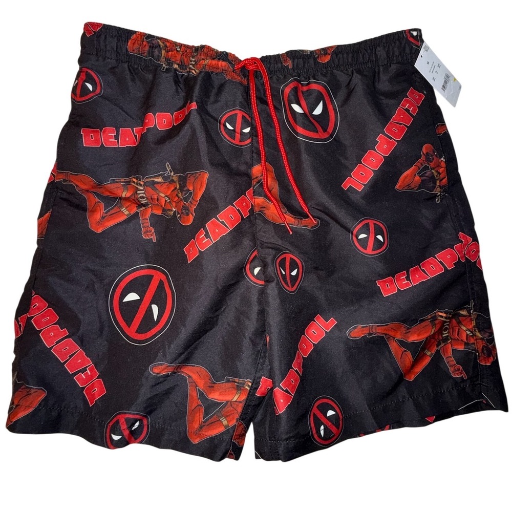 Marvel Deadpool Men's Swim Trunks Bioworld Black Red All Over Print Size M NEW